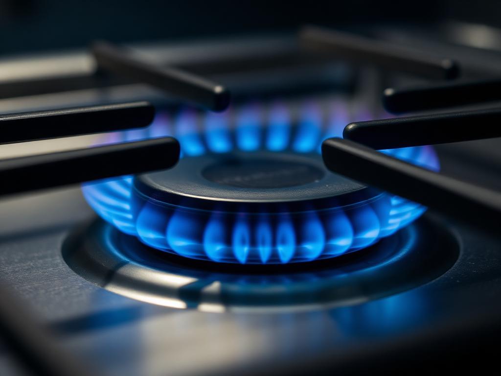 Blue gas stove flame on stainless steel surface
